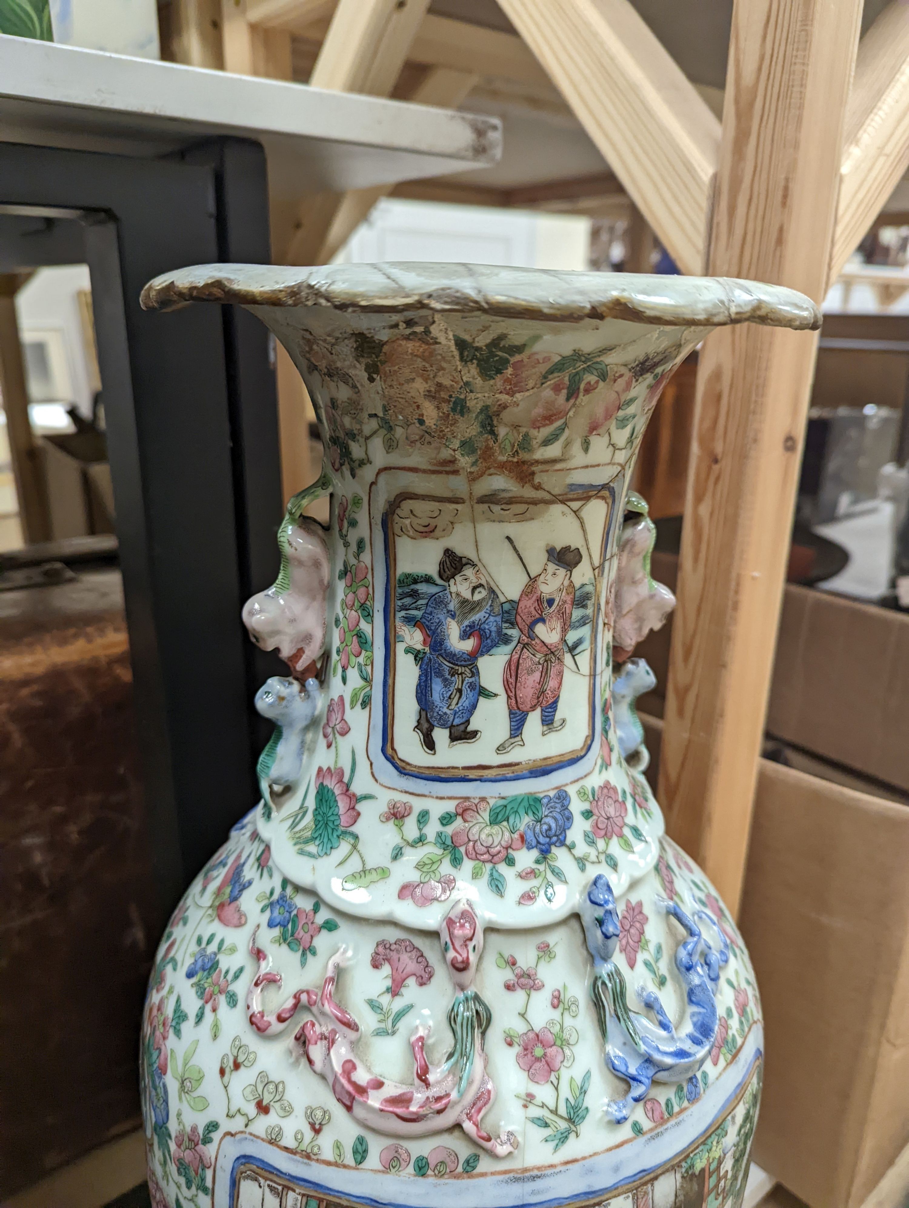 A large Chinese crackle glaze vase, late 19th/early 20th century and a large Chinese famille rose vase, late 19th century, tallest 60 cm.